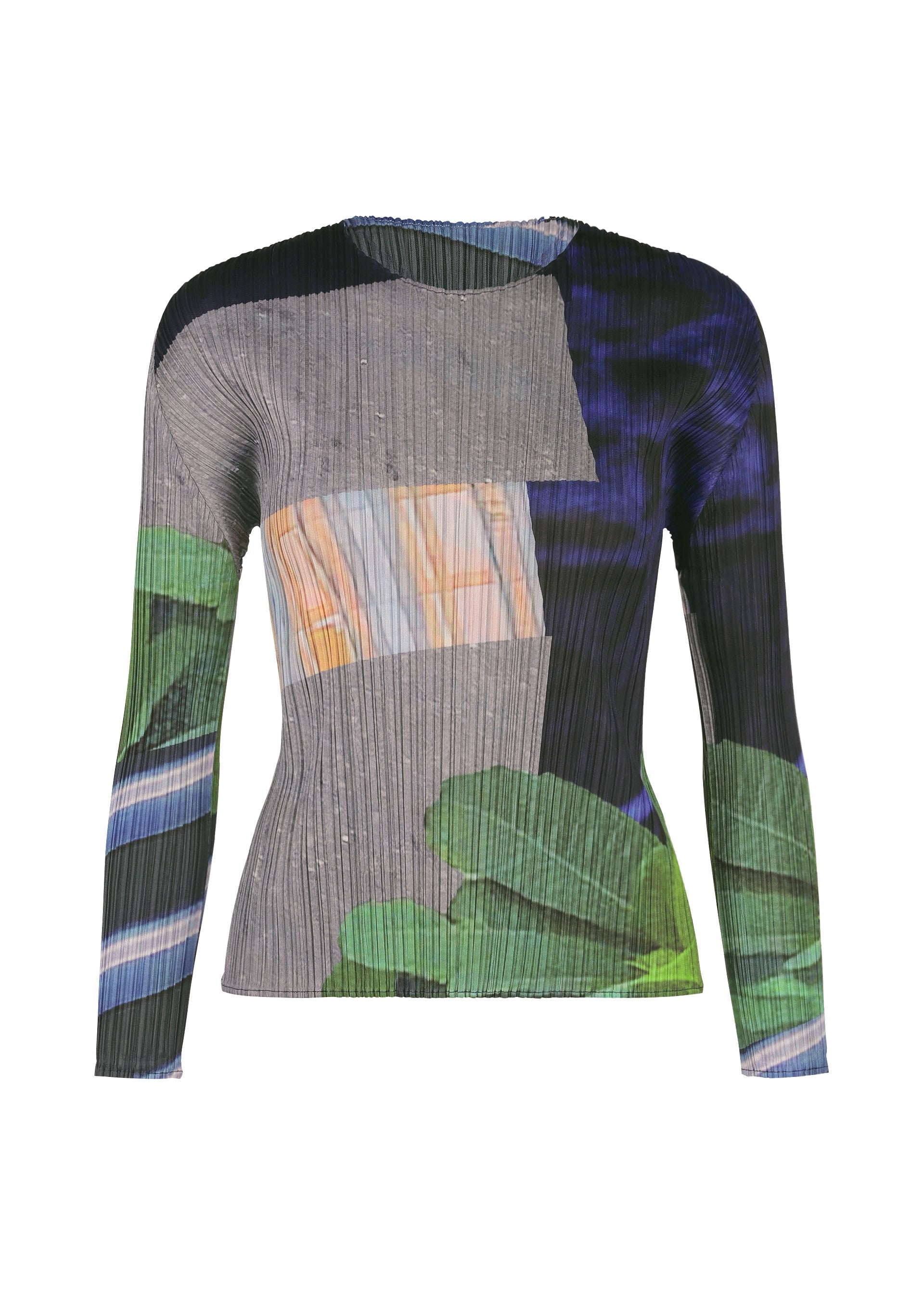 Zoomed view CITY COLLAGE by PLEATS PLEASE ISSEY MIYAKE is a long-sleeved, round-neck ribbed top featuring an abstract collage of gray, blue, black, green leaves and orange geometric shapes. - GRAY×NAVY （no.09）