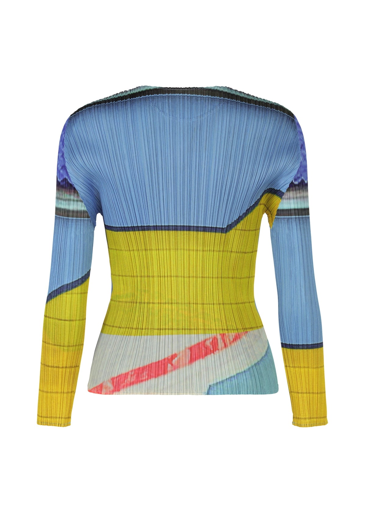 The CITY COLLAGE top by PLEATS PLEASE ISSEY MIYAKE features long sleeves, pleated texture, and a vibrant abstract collage pattern in blue, yellow, white, and red tones, shown from the back. view 4 of 7