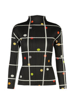 The CROSSING DOTS top by PLEATS PLEASE ISSEY MIYAKE is a long-sleeved, black high-neck shirt with a white grid print and colorful dots in red, yellow, orange, and green. It features a slim fit and modern style. - BLACK （no.15）
