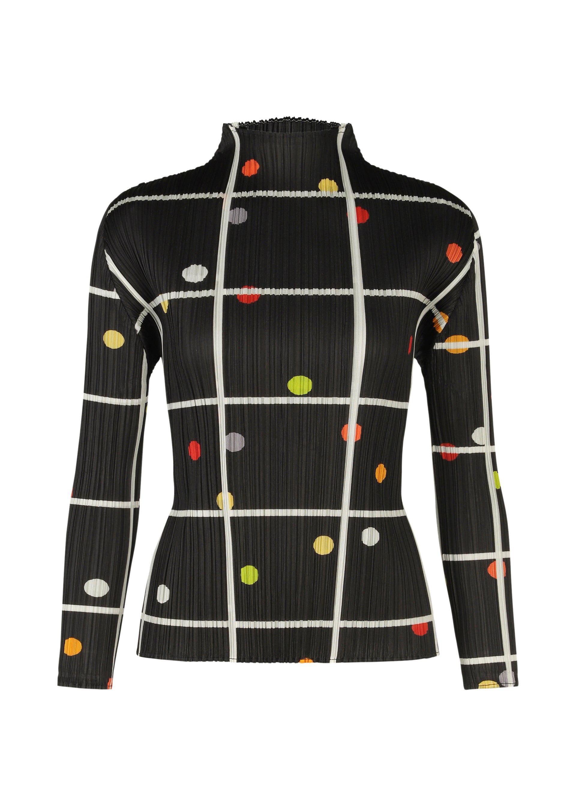Zoomed view The CROSSING DOTS top by PLEATS PLEASE ISSEY MIYAKE is a long-sleeved, black high-neck shirt with a white grid print and colorful dots in red, yellow, orange, and green. It features a slim fit and modern style. - BLACK （no.15）