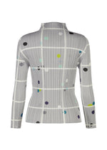 The CROSSING DOTS top by PLEATS PLEASE ISSEY MIYAKE is a gray, fitted, long-sleeve piece with a white grid and colorful blue, green, yellow, and purple dots, shown from the back on a white background.