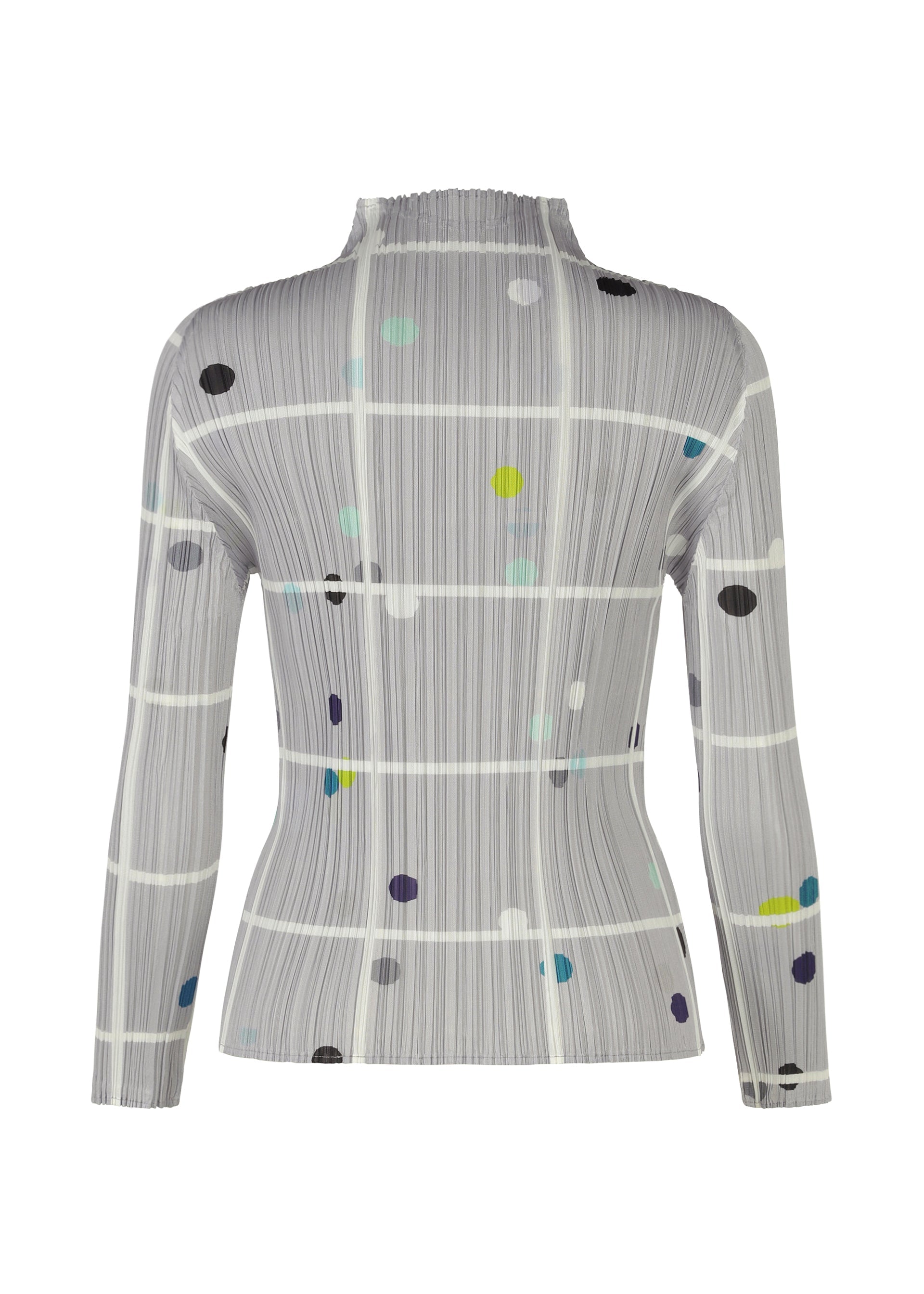 Zoomed view The CROSSING DOTS top by PLEATS PLEASE ISSEY MIYAKE is a gray, fitted, long-sleeve piece with a white grid and colorful blue, green, yellow, and purple dots, shown from the back on a white background.