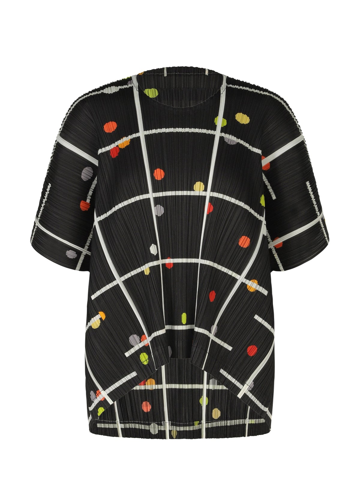 The CROSSING DOTS top by PLEATS PLEASE ISSEY MIYAKE is a black, round-neck, short-sleeve piece with a white plaid and dots pattern, highlighted by vibrant pops of orange, yellow, gray, and red. view 2 of 10