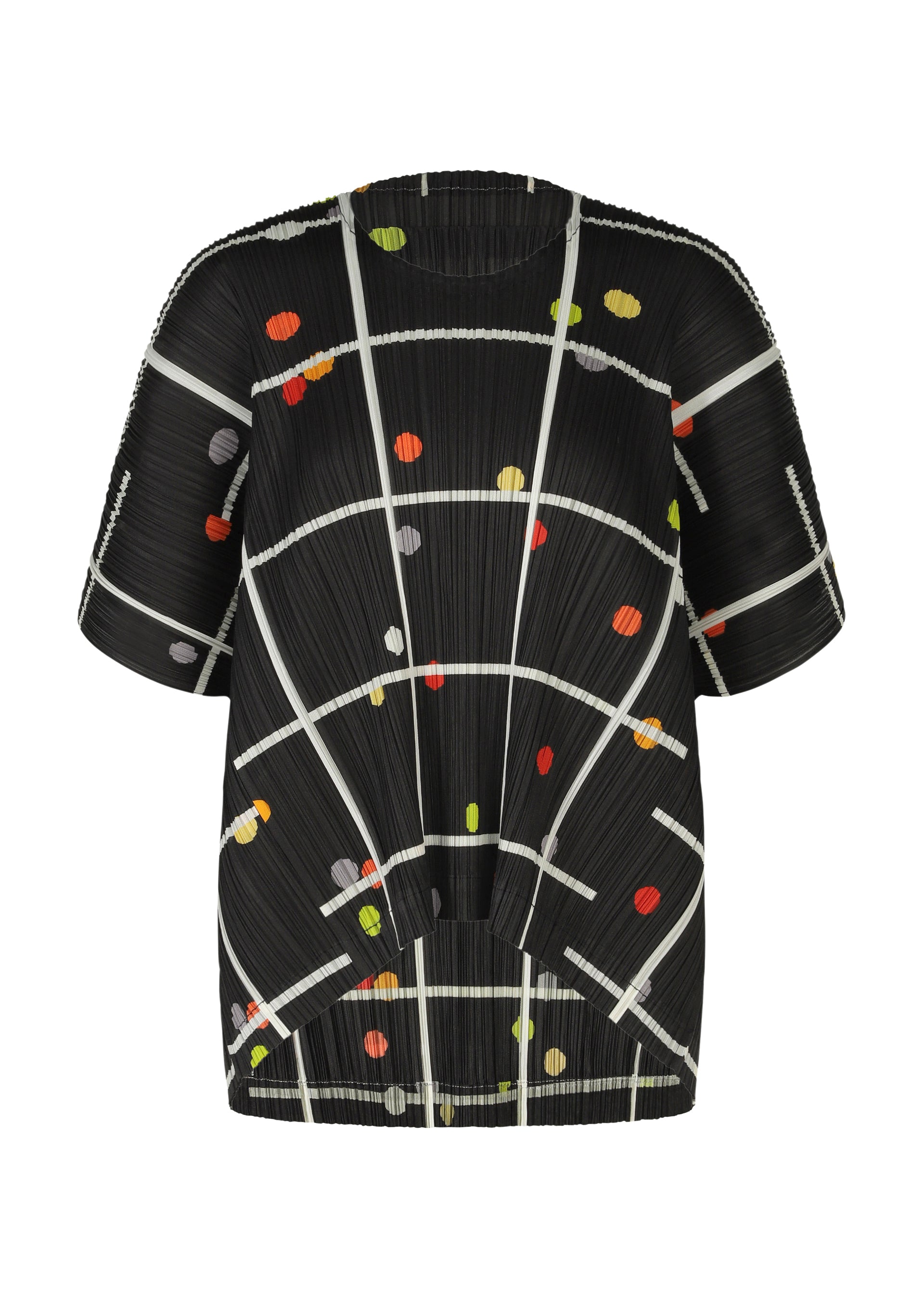 Zoomed view The CROSSING DOTS top by PLEATS PLEASE ISSEY MIYAKE is a black, round-neck, short-sleeve piece with a white plaid and dots pattern, highlighted by vibrant pops of orange, yellow, gray, and red. - BLACK （no.15）