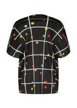 The CROSSING DOTS top by PLEATS PLEASE ISSEY MIYAKE features a black round-neck design with white plaid, multicolored spots in orange, yellow, red, and green, and textured pleated fabric. Shown from the back.