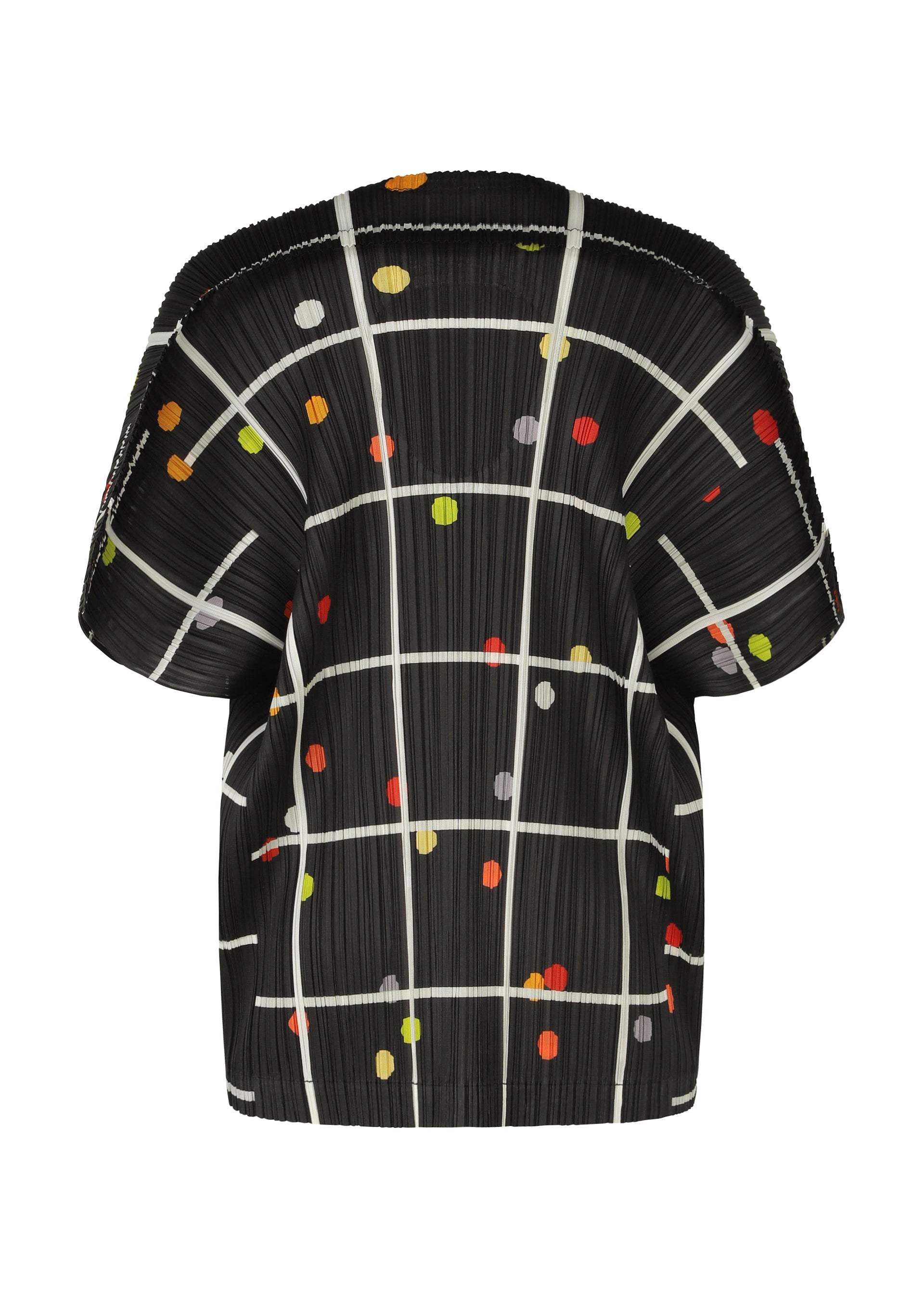 Zoomed view The CROSSING DOTS top by PLEATS PLEASE ISSEY MIYAKE features a black round-neck design with white plaid, multicolored spots in orange, yellow, red, and green, and textured pleated fabric. Shown from the back.