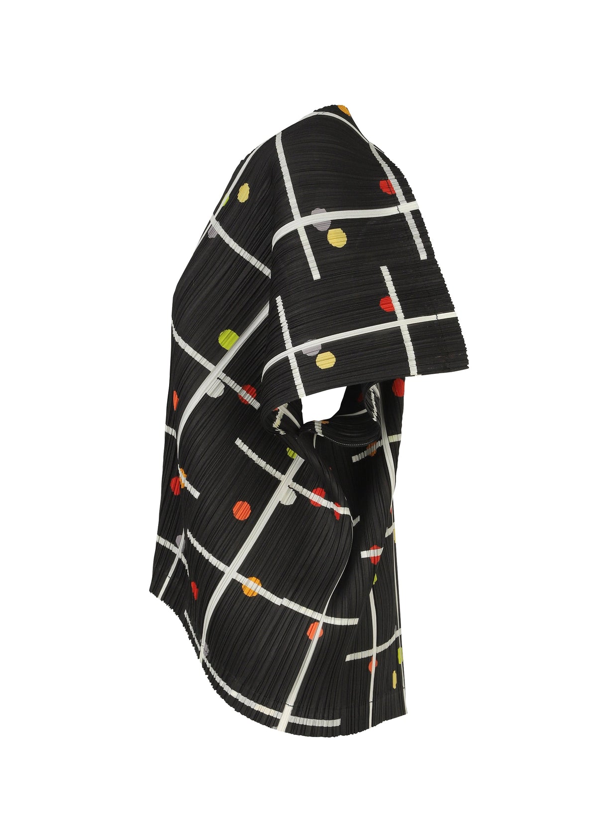 CROSSING DOTS by PLEATS PLEASE ISSEY MIYAKE is a sculptural round-neck top with pleated fabric, showcasing a white grid and colorful dots in red, yellow, and green, photographed on a white background. view 4 of 10