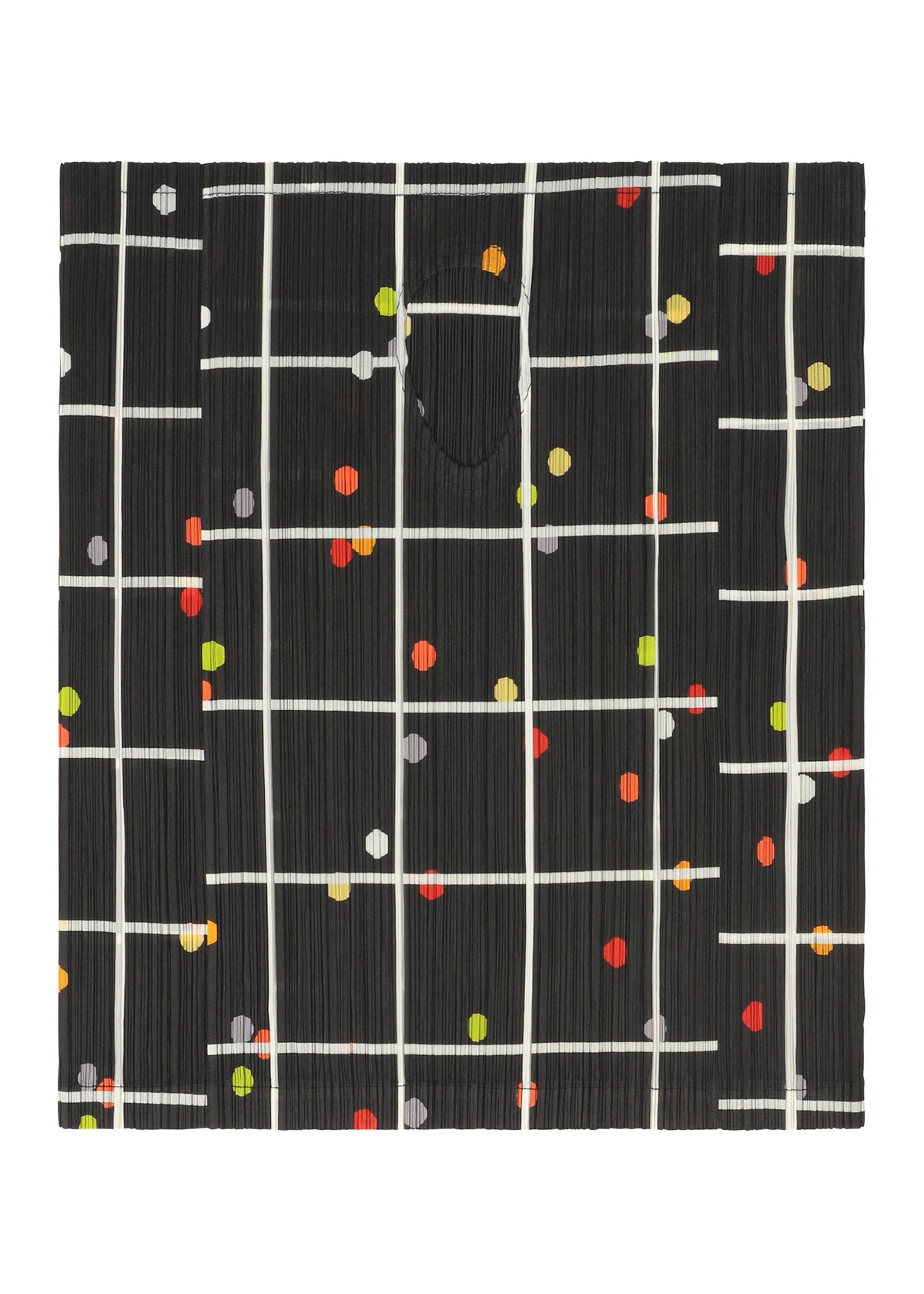 The CROSSING DOTS by PLEATS PLEASE ISSEY MIYAKE features a black rectangular design with a white grid pattern, playful dots, colorful red, yellow, orange, and gray accents, and a semi-circular notch at the top center. view 5 of 10