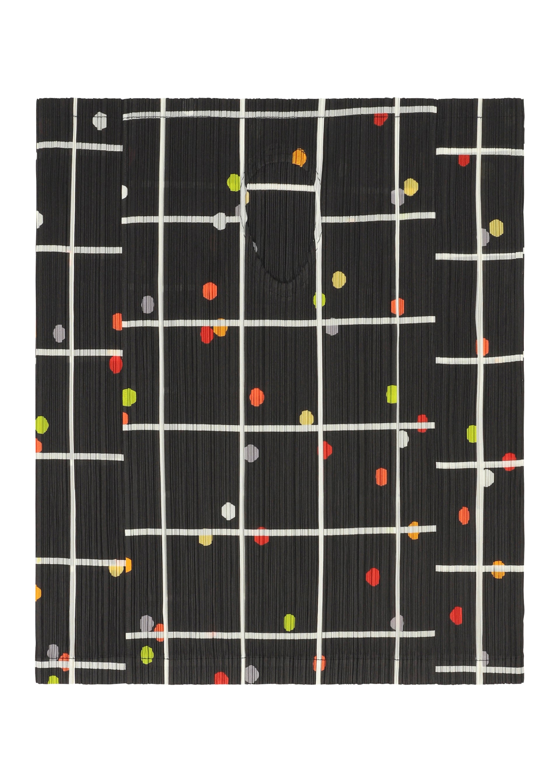 Zoomed view The CROSSING DOTS by PLEATS PLEASE ISSEY MIYAKE features a black rectangular design with a white grid pattern, playful dots, colorful red, yellow, orange, and gray accents, and a semi-circular notch at the top center.
