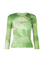 The FOGGY FOREST long-sleeve fitted top by PLEATS PLEASE ISSEY MIYAKE features a round neck, ribbed texture, and a green, white, and light brown abstract camo pattern inspired by spring mountains. - GRASS GREEN （no.63）