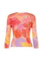 The FOGGY FOREST top by PLEATS PLEASE ISSEY MIYAKE features a round neck, long sleeves, and a vibrant multicolored floral pattern with ribbed texture and pointillism gradation, shown from the back.