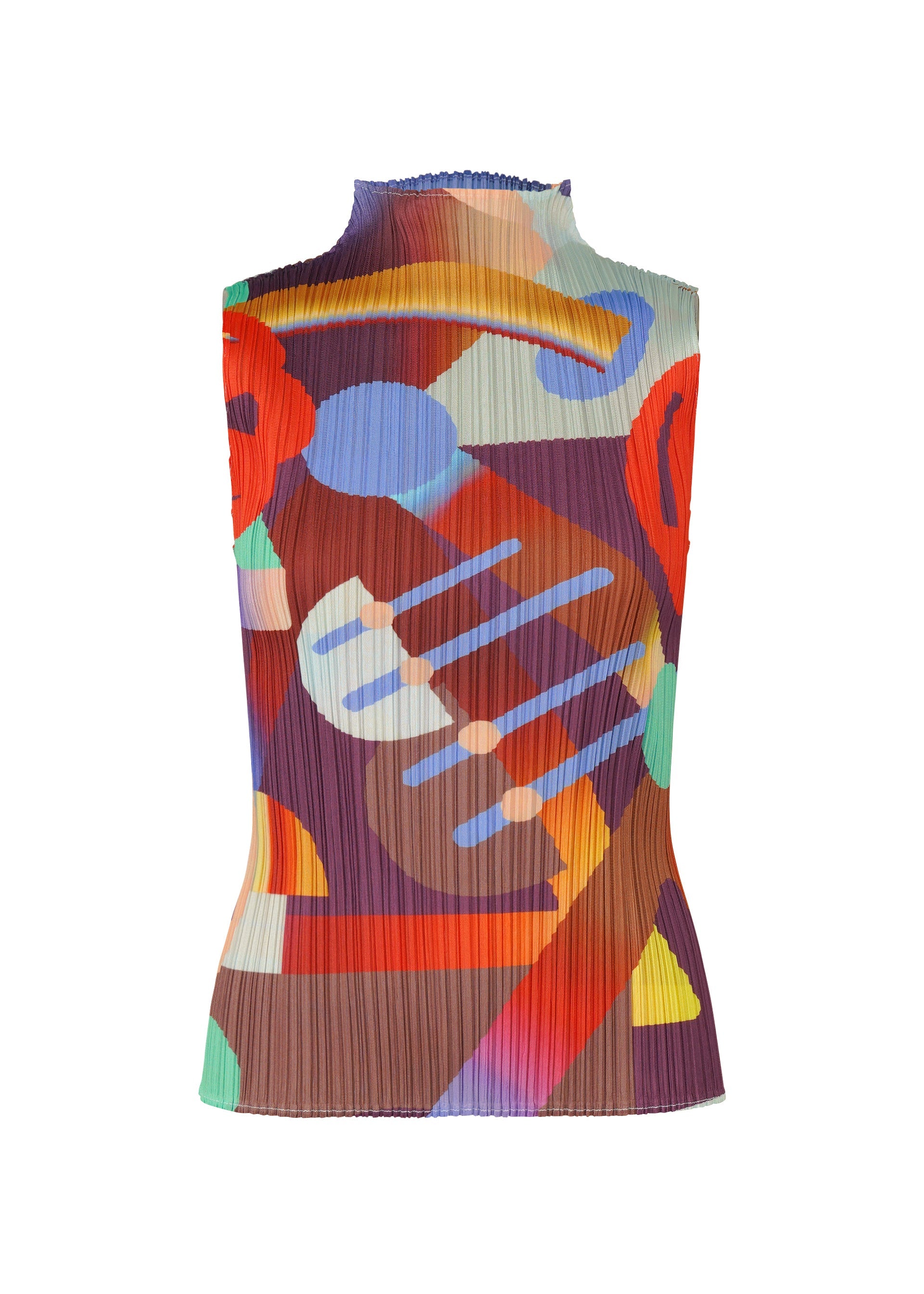 Zoomed view The PLEATS PLEASE ISSEY MIYAKE PLAYGROUND top is a pleated, high-neck sleeveless piece with a bold geometric print in red, blue, green, yellow, and purple tones. - RED （no.24）