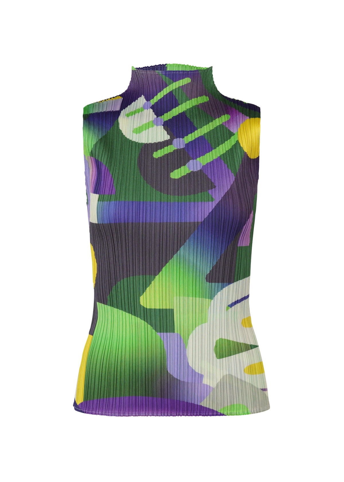 The PLAYGROUND top by PLEATS PLEASE ISSEY MIYAKE features a high neck, sleeveless cut, pleats, and a vibrant abstract geometric print in green, purple, yellow, black, and white against a plain white background. view 2 of 6