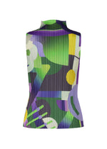 The PLAYGROUND top by PLEATS PLEASE ISSEY MIYAKE is a high-neck, sleeveless pleated design featuring a bold abstract geometric print in green, purple, yellow, black, and white on a plain white background.