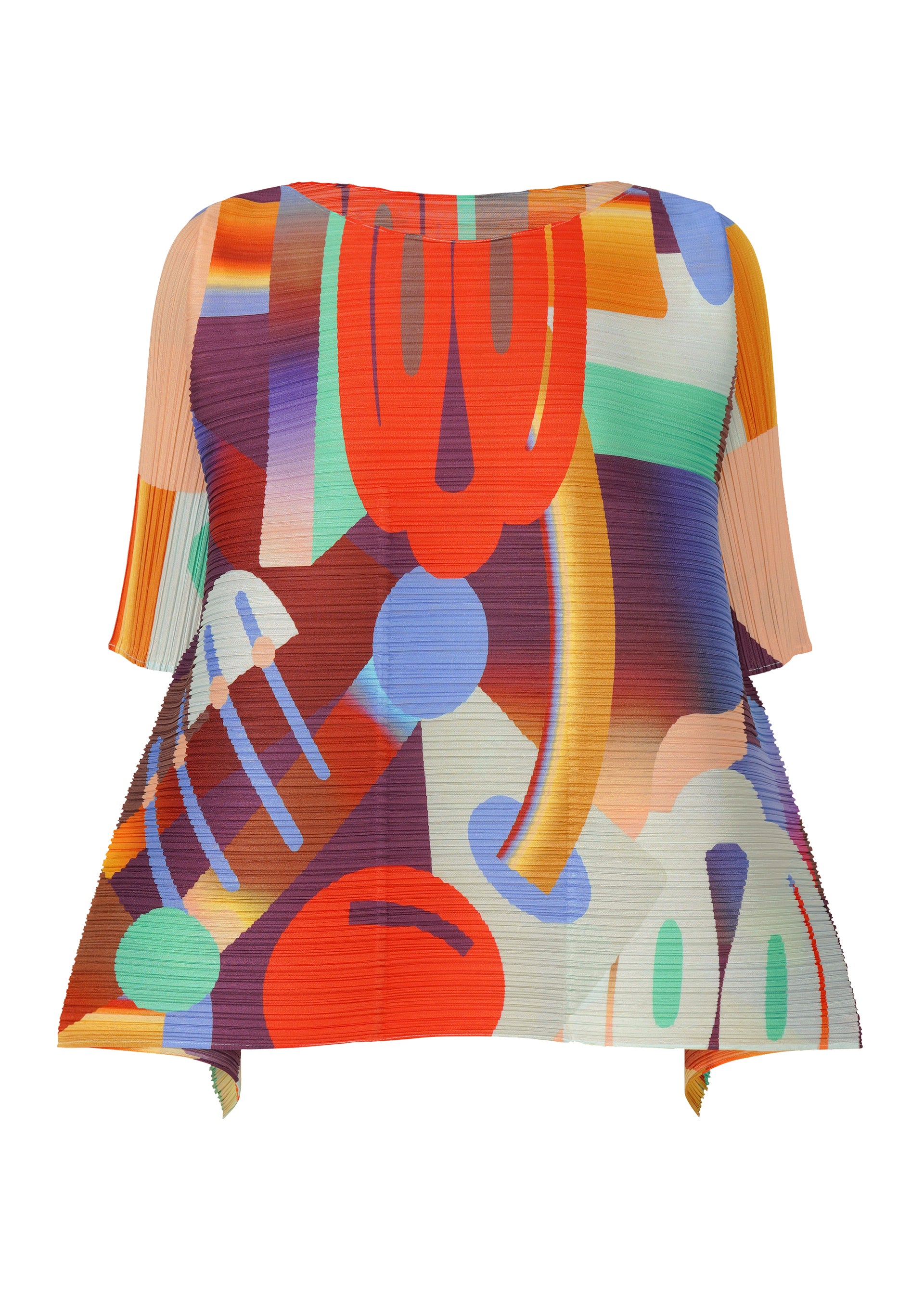 Zoomed view The PLAYGROUND top by PLEATS PLEASE ISSEY MIYAKE is a round-neck, short-sleeved piece with an asymmetrical hem, showcasing bold geometric shapes in red, orange, blue, green, and beige on white. - RED （no.24）