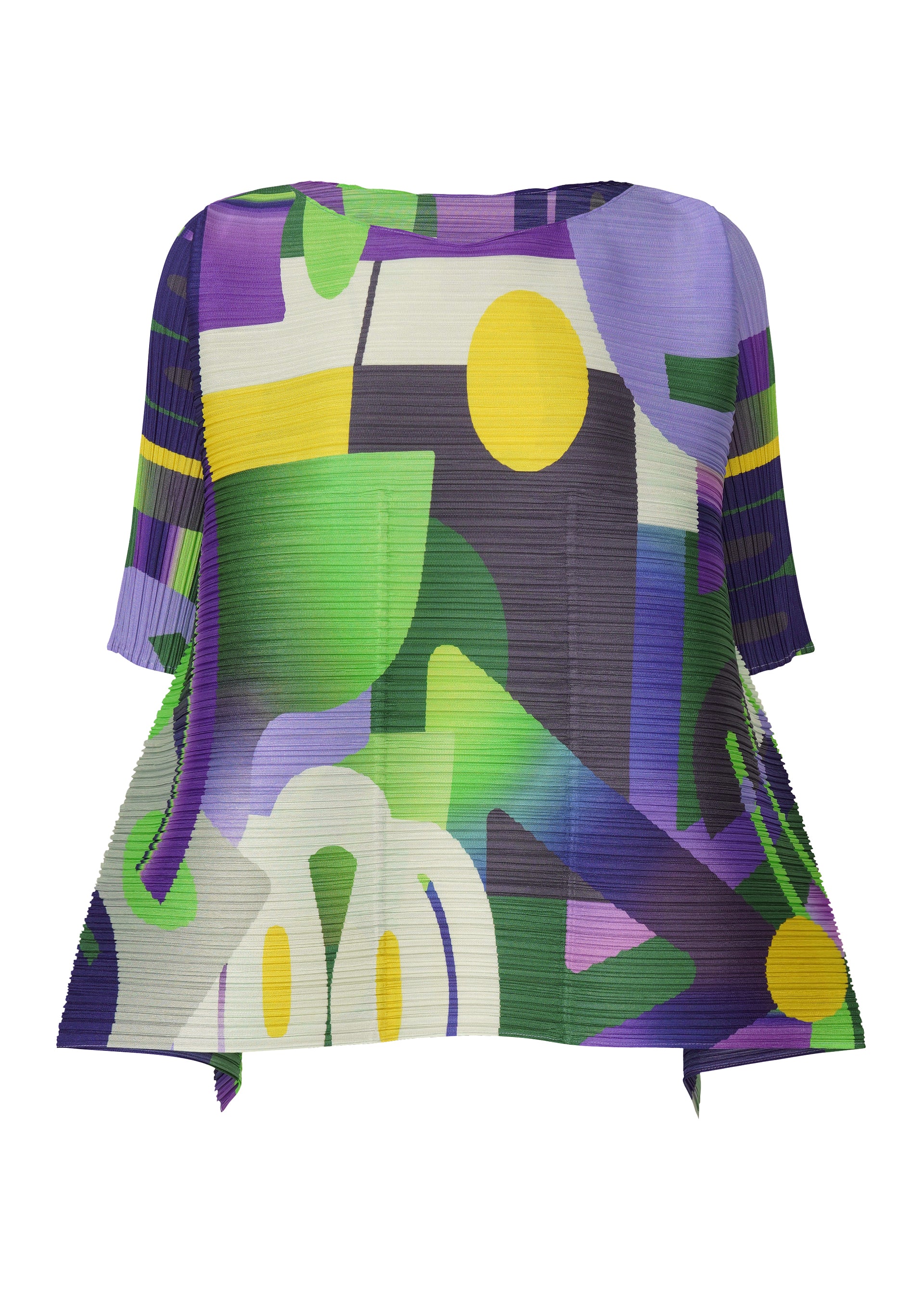 Zoomed view The PLAYGROUND top by PLEATS PLEASE ISSEY MIYAKE features short sleeves, a round neck, pleated crinkled fabric, and an asymmetric hem with an abstract geometric playground print in purple, green, yellow, white, and black. - PURPLE （no.81）