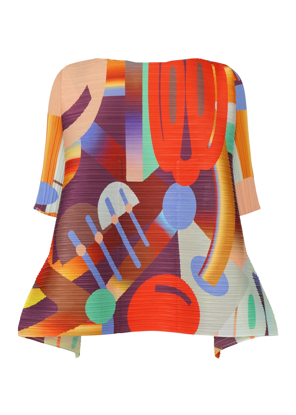 The PLAYGROUND top by PLEATS PLEASE ISSEY MIYAKE features pleats, a round neck, and an abstract geometric pattern in bold red, orange, blue, green, and beige on white for a vibrant look. view 3 of 9