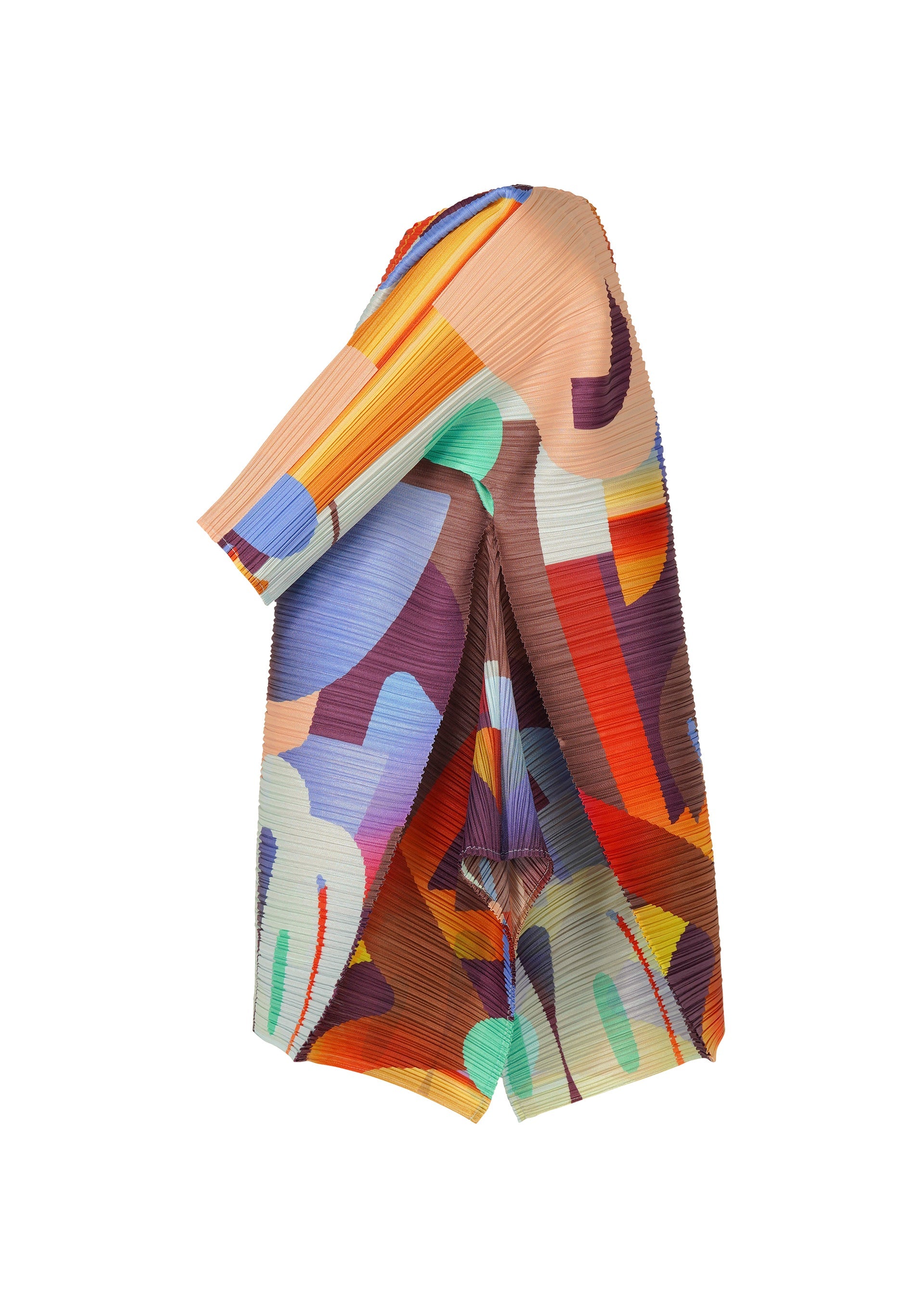 Zoomed view The PLAYGROUND top by PLEATS PLEASE ISSEY MIYAKE is a pleated, round-neck design with vibrant abstract geometric playground patterns in orange, red, blue, green, and purple on a white background.