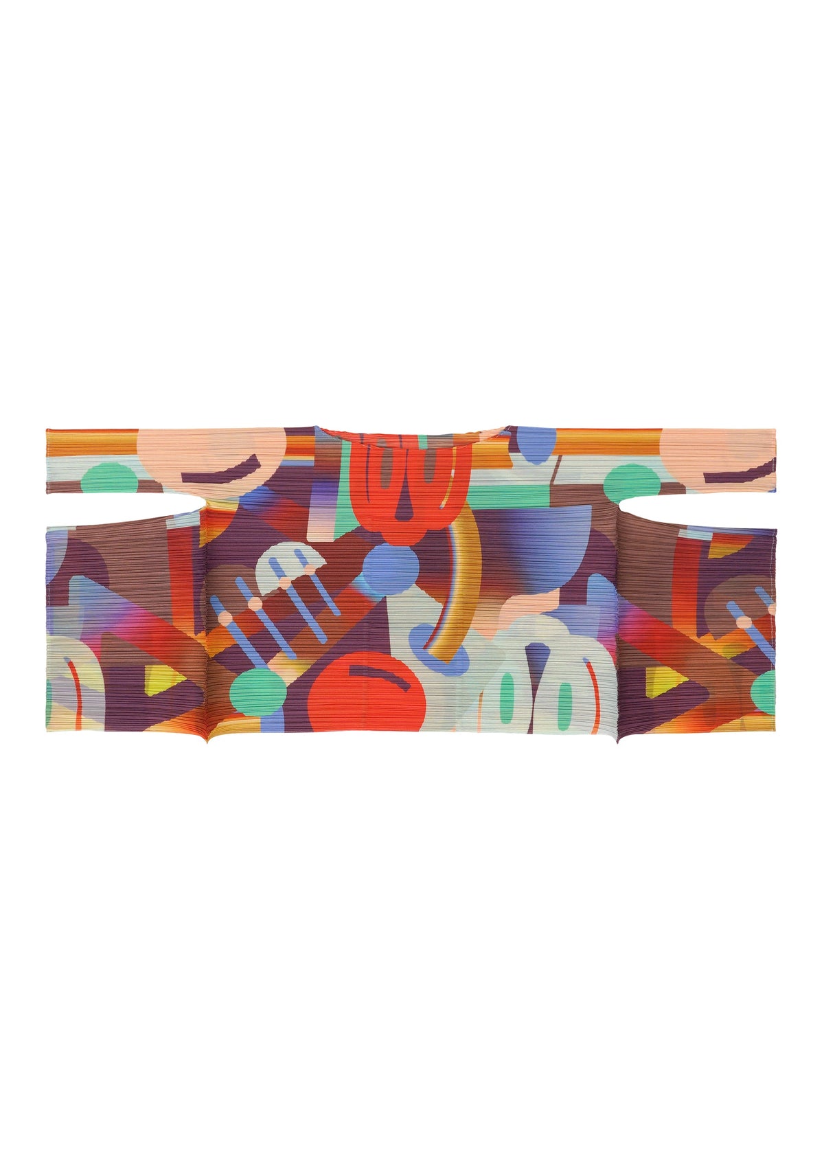 The PLAYGROUND folded headband by PLEATS PLEASE ISSEY MIYAKE features a vibrant abstract geometric pattern in red, blue, green, purple, and orange on white. view 5 of 9