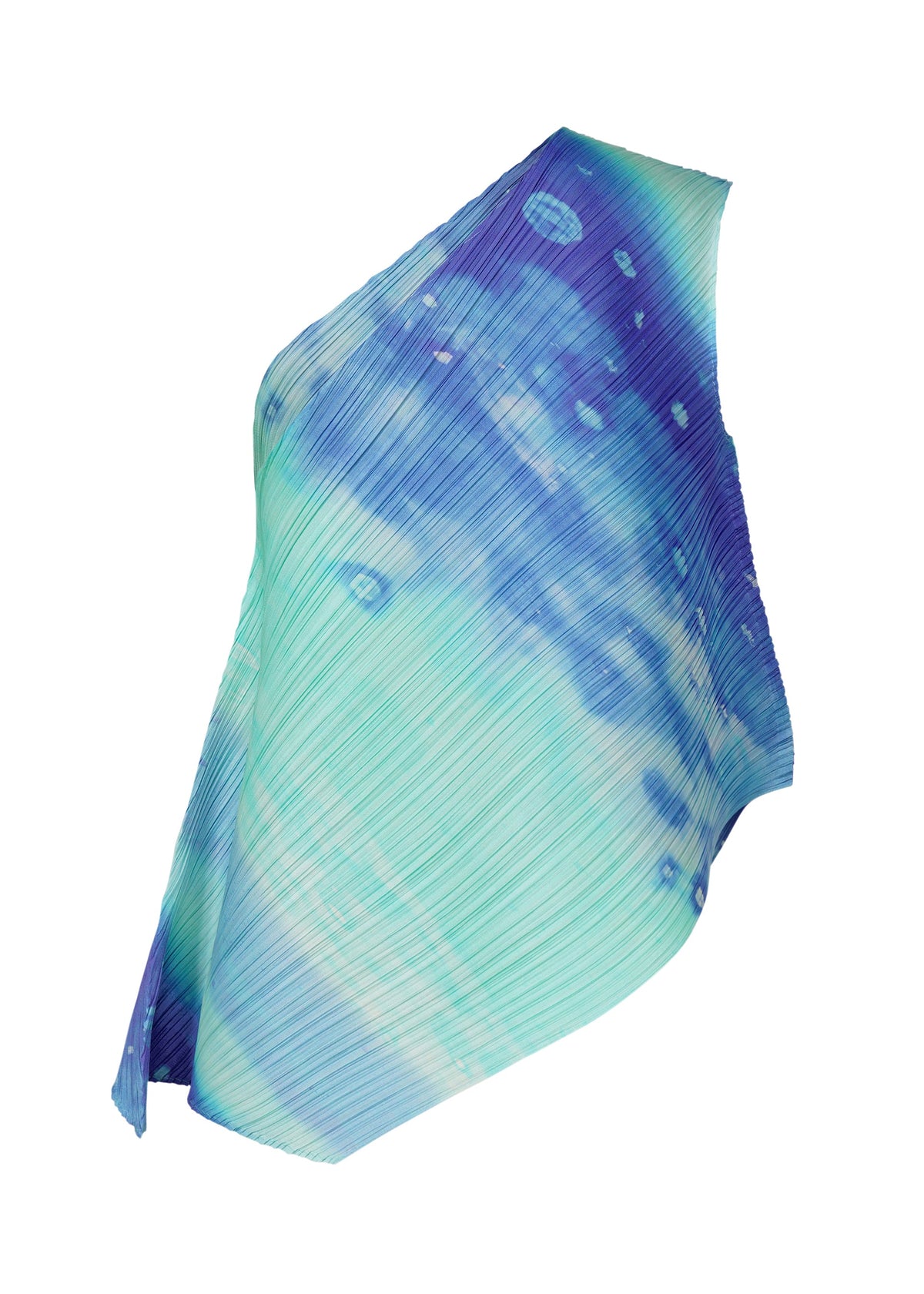 The SEA BUBBLE top by PLEATS PLEASE ISSEY MIYAKE features a beach-inspired, one-shoulder design with blue, teal, and white diagonal pleats and a watercolor effect for a flowing, sculptural silhouette ideal for warm days. view 3 of 7