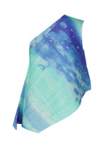 The SEA BUBBLE top by PLEATS PLEASE ISSEY MIYAKE features a beach-inspired, one-shoulder design with blue, teal, and white diagonal pleats and a watercolor effect for a flowing, sculptural silhouette ideal for warm days.