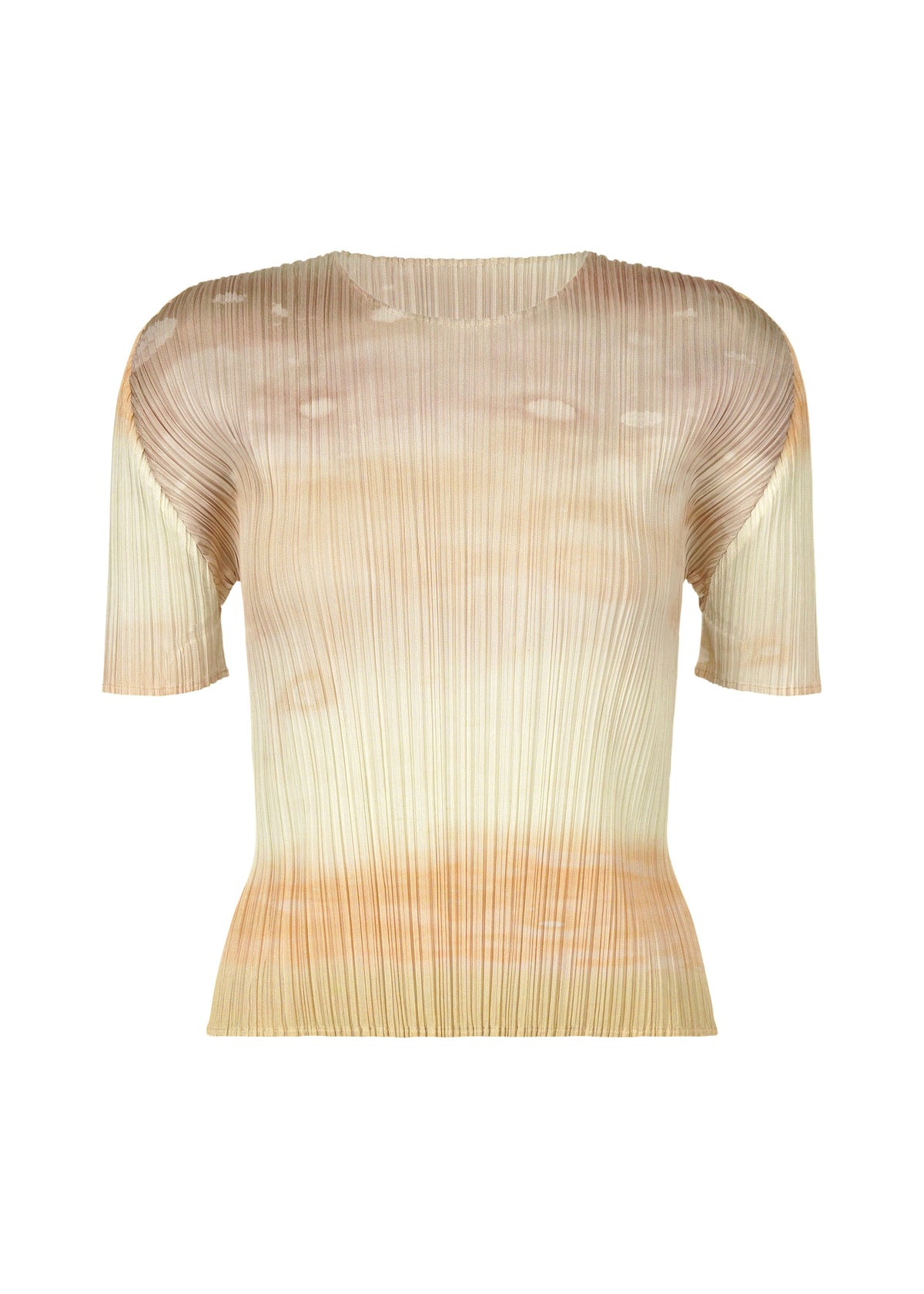 The SEA BUBBLE top by PLEATS PLEASE ISSEY MIYAKE is a short-sleeved, pleated, semi-sheer round-neck design in gradient beige, cream, and light brown, shown on a plain white background. view 1 of 6