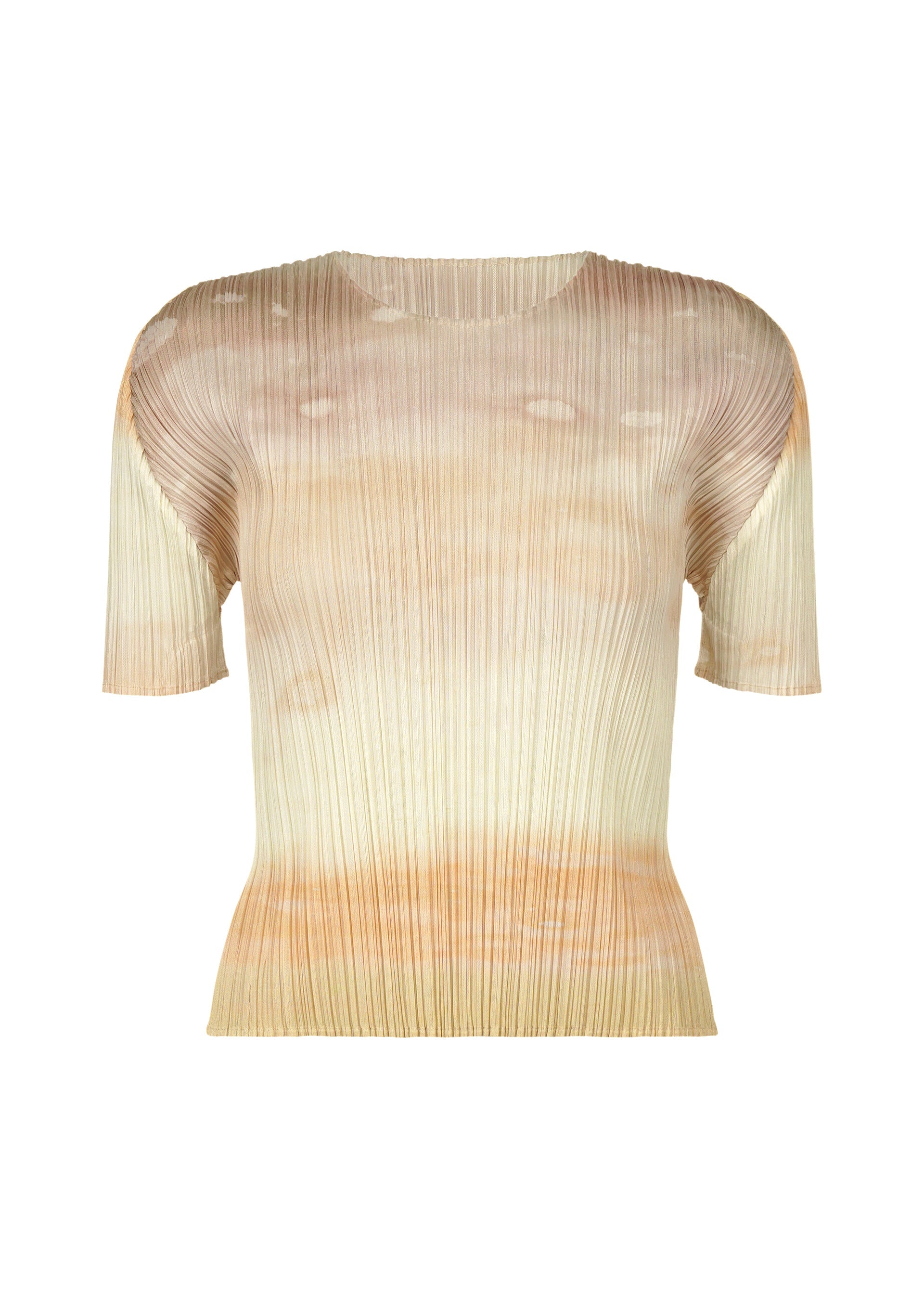 Zoomed view The SEA BUBBLE top by PLEATS PLEASE ISSEY MIYAKE is a short-sleeved, pleated, semi-sheer round-neck design in gradient beige, cream, and light brown, shown on a plain white background. - GREIGE （no.42）