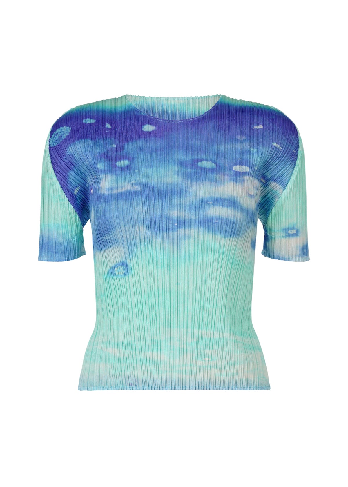 SEA BUBBLE by PLEATS PLEASE ISSEY MIYAKE is a short-sleeved, round-neck pleated top with a blue and turquoise gradient and an abstract beach pattern inspired by watercolor art. view 2 of 6