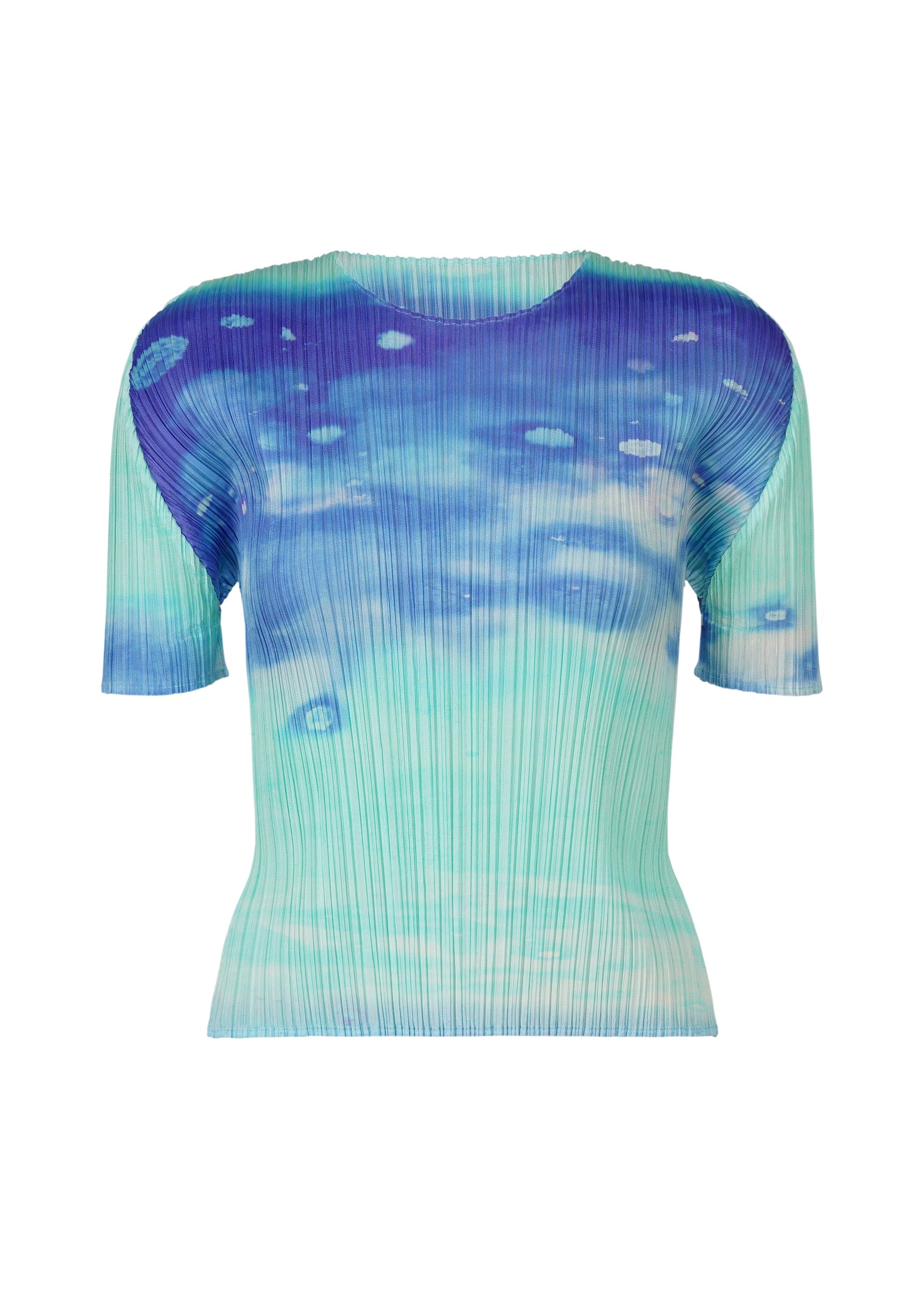 Zoomed view SEA BUBBLE by PLEATS PLEASE ISSEY MIYAKE is a short-sleeved, round-neck pleated top with a blue and turquoise gradient and an abstract beach pattern inspired by watercolor art. - BLUE （no.72）