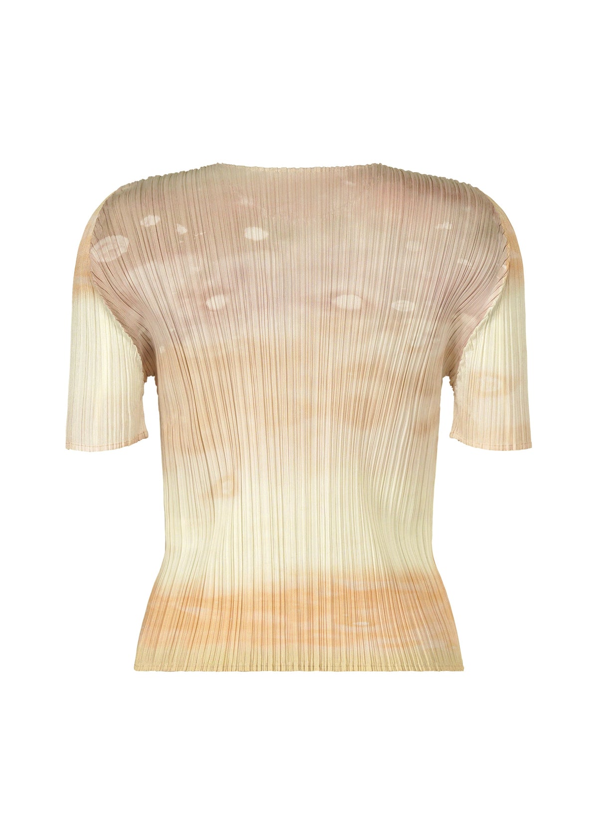 The SEA BUBBLE top by PLEATS PLEASE ISSEY MIYAKE is a short-sleeved, round-neck pleated design in soft beige, cream, and light brown gradient tones, shown against a plain white background. view 3 of 6