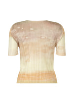 The SEA BUBBLE top by PLEATS PLEASE ISSEY MIYAKE is a short-sleeved, round-neck pleated design in soft beige, cream, and light brown gradient tones, shown against a plain white background.
