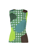 The MARKET top by PLEATS PLEASE ISSEY MIYAKE is a strapless, pleated piece with a green and white checkered pattern and bold blue, lime green, and brown abstract shapes—reminiscent of paper cut art—on a plain white background. - POTATO （no.96）