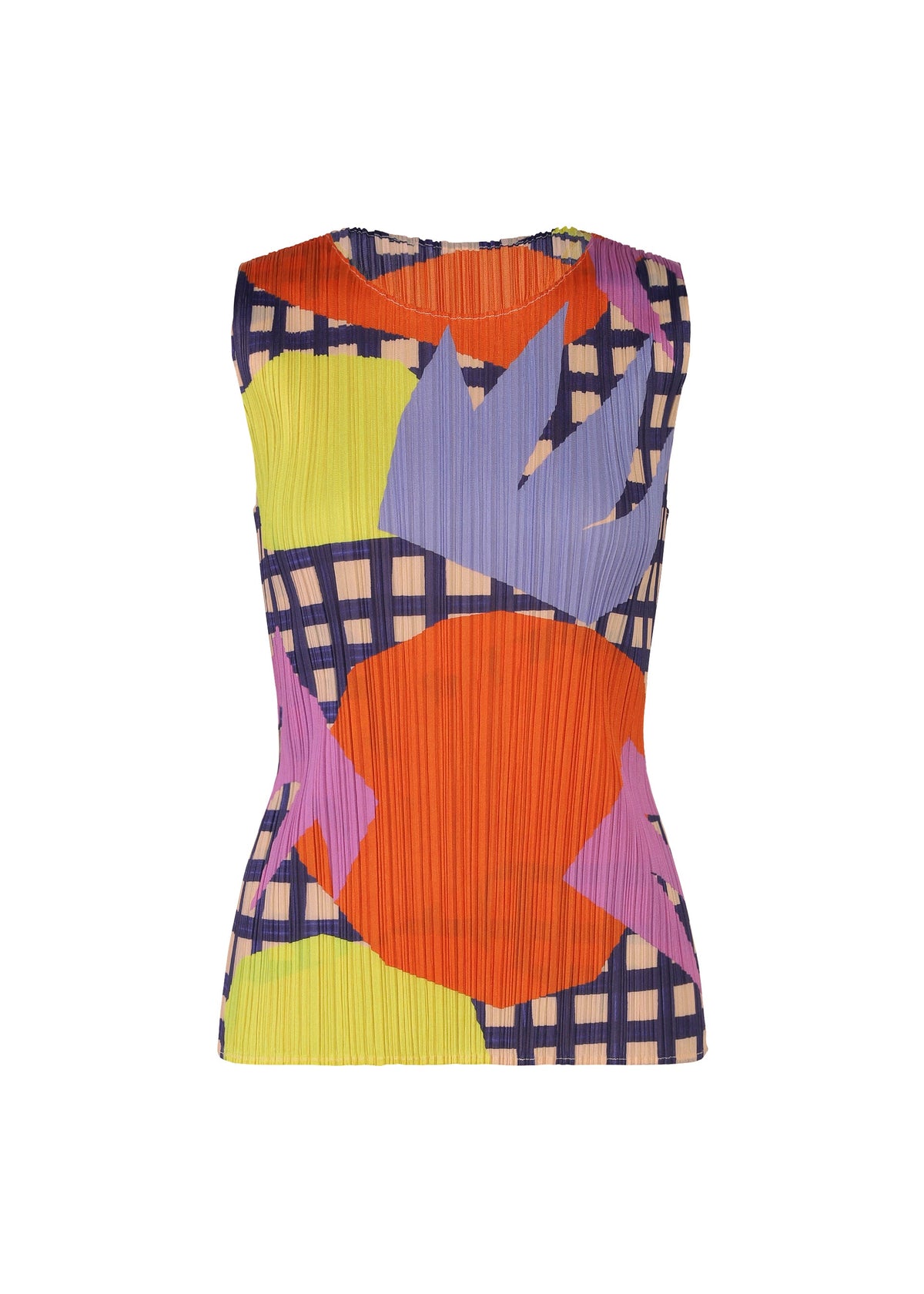 The MARKET top by PLEATS PLEASE ISSEY MIYAKE is sleeveless and fitted, with finely pleated fabric and a vibrant abstract pattern of orange, purple, yellow, and blue shapes over a navy checkered design inspired by paper cutting art. view 1 of 6