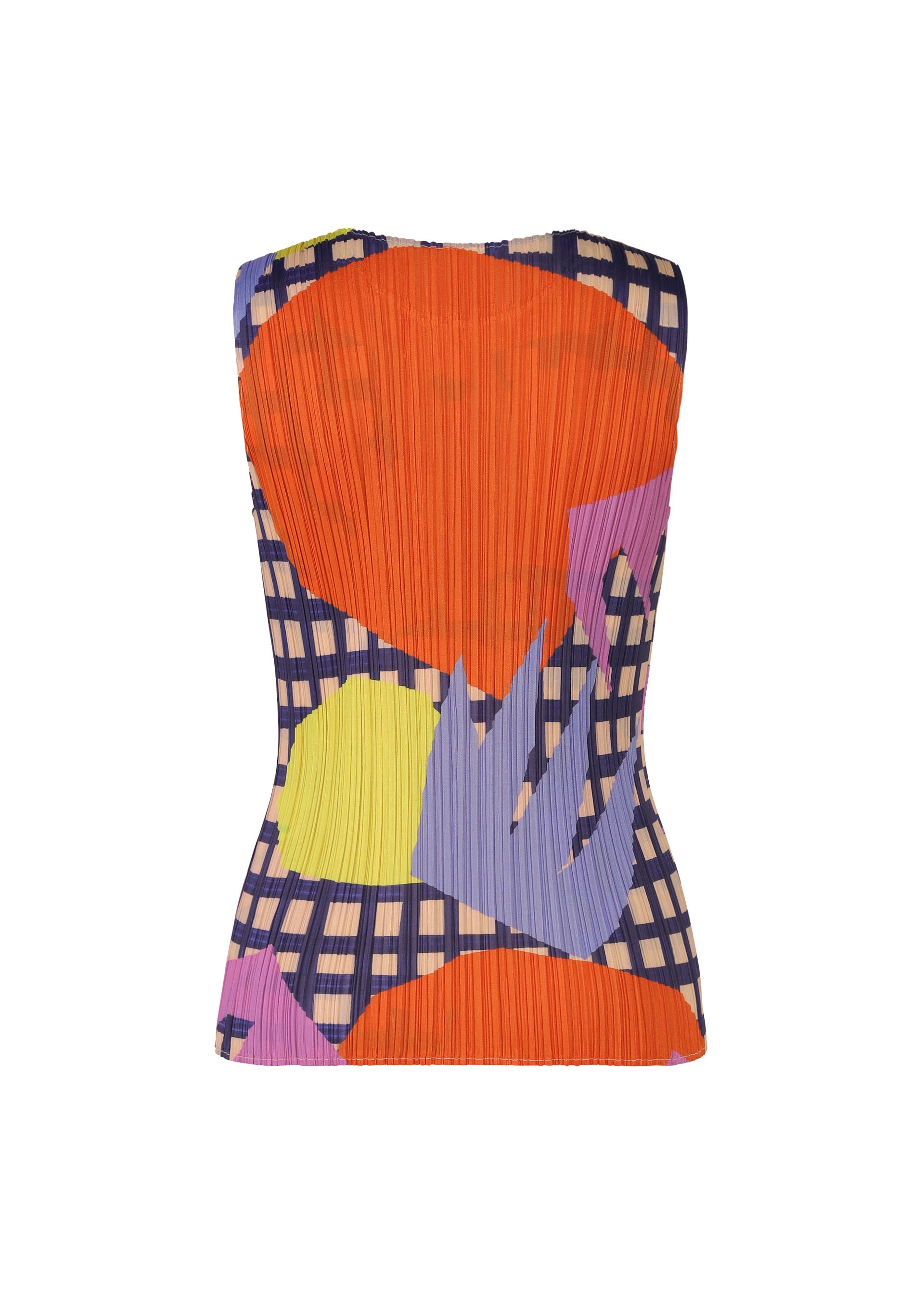 Zoomed view The MARKET tank top by PLEATS PLEASE ISSEY MIYAKE is a sleeveless, fitted piece with pleated texture, showcasing bold abstract prints in orange, yellow, purple, and blue over a black and beige check pattern against a white backdrop.