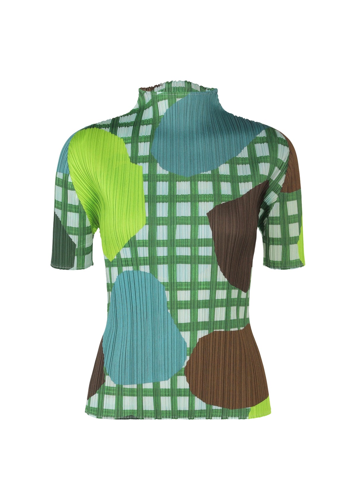 The MARKET top by PLEATS PLEASE ISSEY MIYAKE is a short-sleeve, high-neck piece with a green and white plaid base and bold abstract paper-cut prints in green, blue, and brown. view 1 of 6