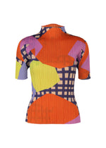 The MARKET top by PLEATS PLEASE ISSEY MIYAKE is a short-sleeve, high-neck pleated design featuring an abstract print with orange, purple, yellow, and blue geometric shapes inspired by paper cutouts. - TOMATO （no.97）