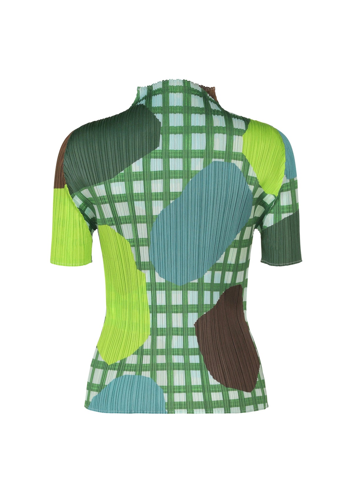 The MARKET top by PLEATS PLEASE ISSEY MIYAKE is a short-sleeved, fitted high-neck piece with pleats and a green and white checkered pattern, overlaid with abstract green, blue, and brown paper-cut-inspired shapes. view 3 of 6