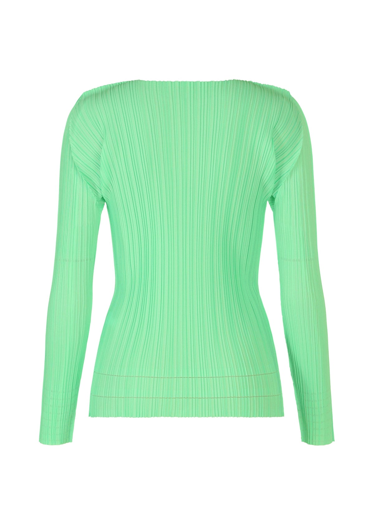 The SOFT PLEATS top by PLEATS PLEASE ISSEY MIYAKE is shown from the back, featuring light green ribbed fabric, a round neckline, long sleeves, and a form-fitting silhouette with a straight hem—ideal for spring looks. view 4 of 8