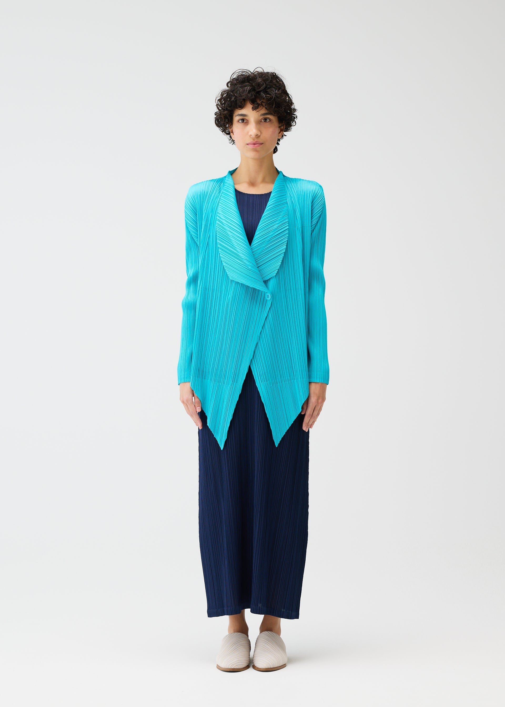 Zoomed view A person with short curly hair faces forward, wearing the PLEATS PLEASE ISSEY MIYAKE MONTHLY COLORS : JANUARY long navy dress and bright blue pleated cardigan, paired with light slip-on shoes, against a plain white background.
