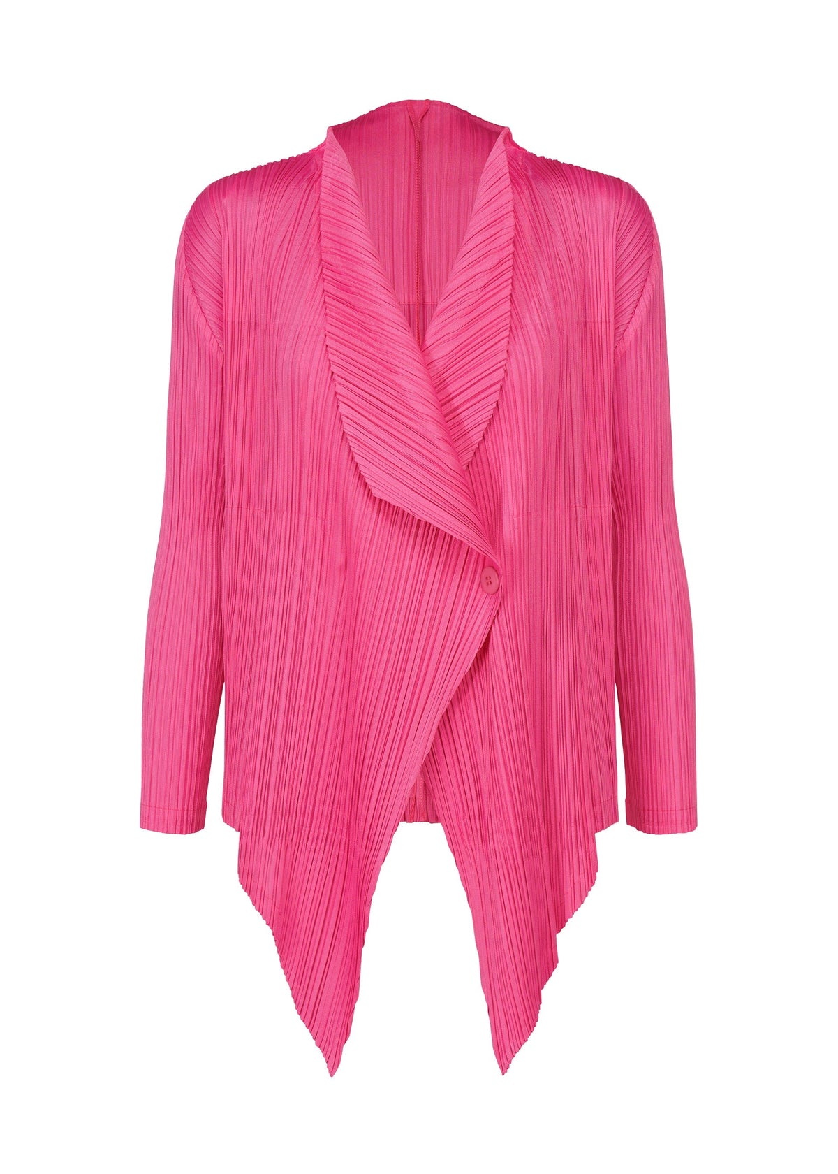 The MONTHLY COLORS : JANUARY cardigan by PLEATS PLEASE ISSEY MIYAKE features vibrant pink pleats, long sleeves, an open front, asymmetrical hem, and a draped collar—ideal for a chic layered style. view 2 of 9