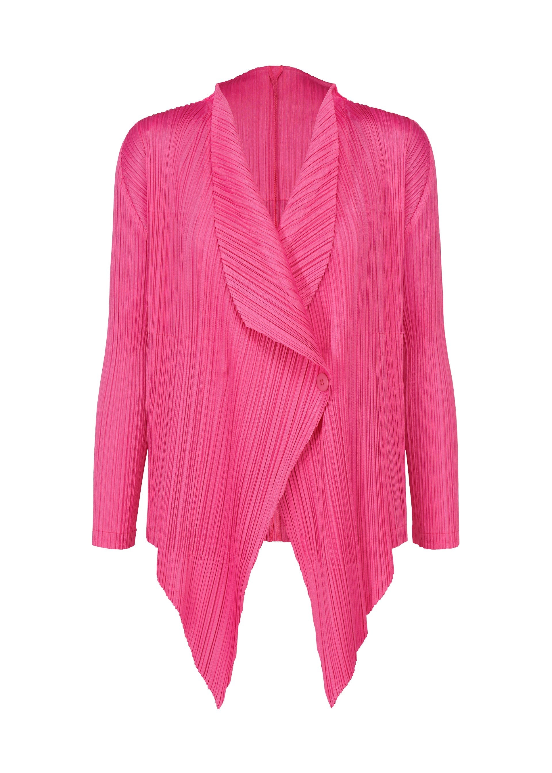 Zoomed view The MONTHLY COLORS : JANUARY cardigan by PLEATS PLEASE ISSEY MIYAKE features vibrant pink pleats, long sleeves, an open front, asymmetrical hem, and a draped collar—ideal for a chic layered style. - HOT PINK （no.21）