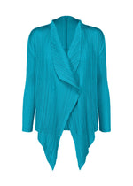 The MONTHLY COLORS : JANUARY cardigan by PLEATS PLEASE ISSEY MIYAKE features a teal pleated design, long sleeves, an open front with a draped collar, and an asymmetrical hem for a stylish layered look. - SKY BLUE （no.73）