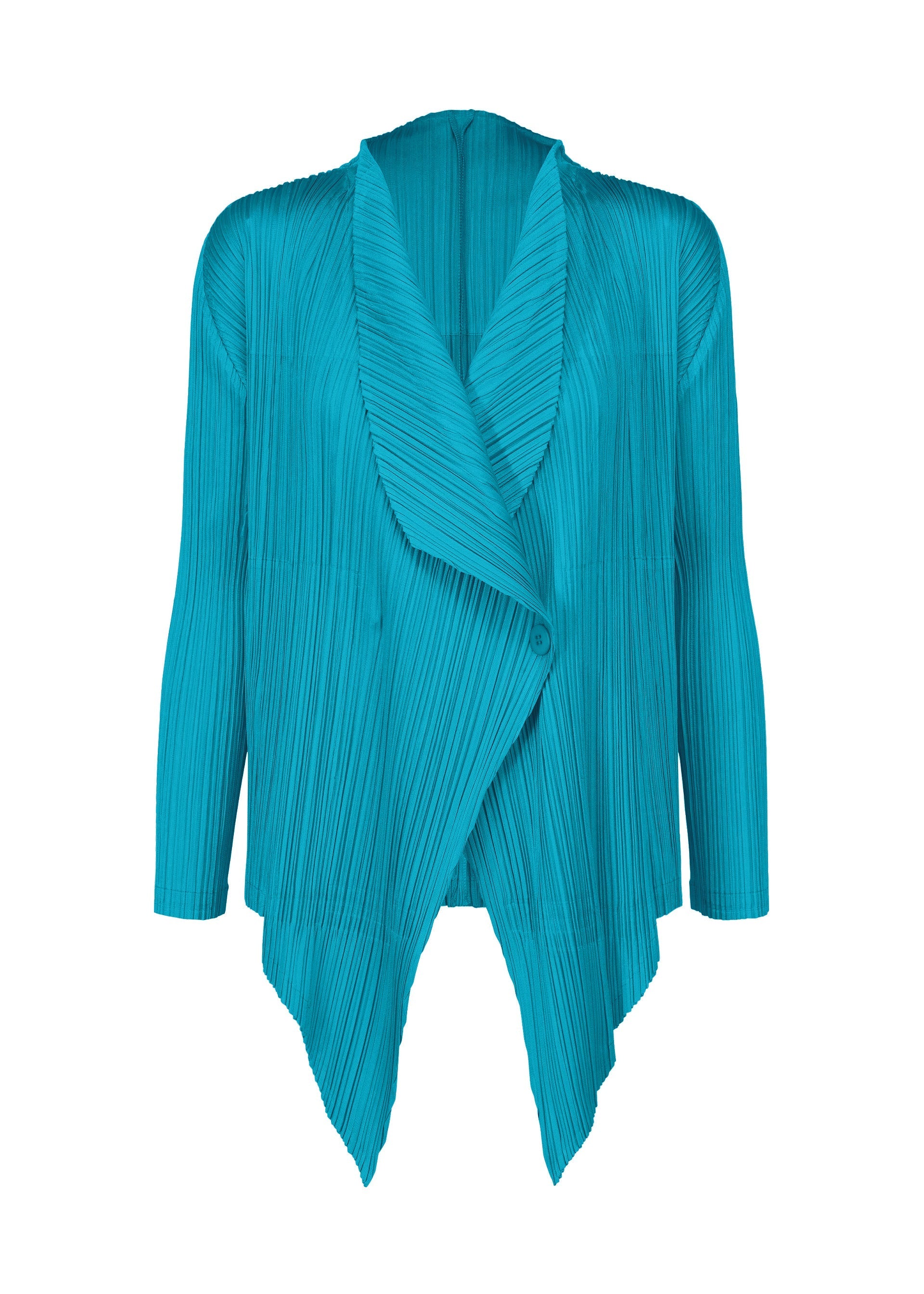 Zoomed view The MONTHLY COLORS : JANUARY cardigan by PLEATS PLEASE ISSEY MIYAKE features a teal pleated design, long sleeves, an open front with a draped collar, and an asymmetrical hem for a stylish layered look. - SKY BLUE （no.73）