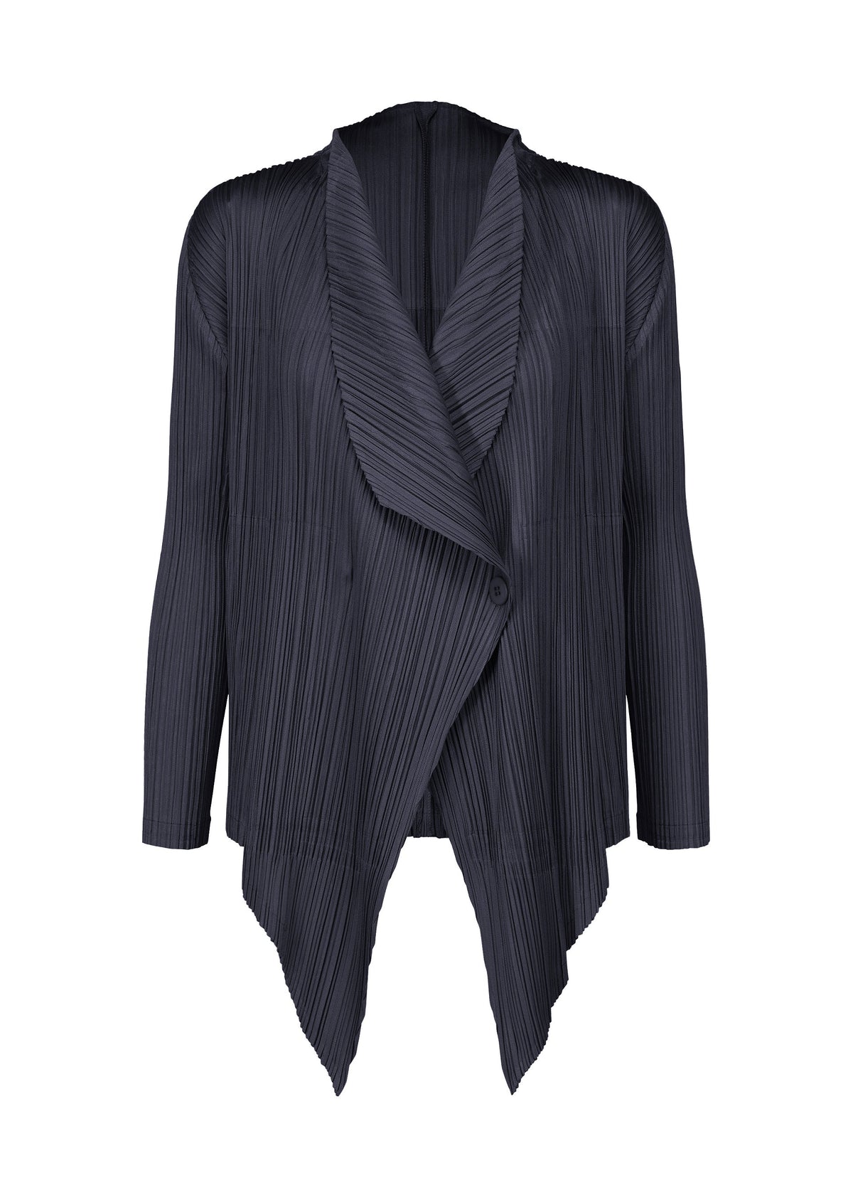 The MONTHLY COLORS : JANUARY cardigan by PLEATS PLEASE ISSEY MIYAKE is a black, long-sleeve, open-front pleated piece with an asymmetrical hem and shawl collar, shown against a white background. view 4 of 9