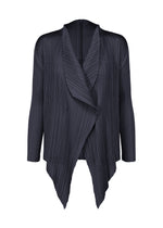 The MONTHLY COLORS : JANUARY cardigan by PLEATS PLEASE ISSEY MIYAKE is a black, long-sleeve, open-front pleated piece with an asymmetrical hem and shawl collar, shown against a white background. - DARK NAVY （no.78）