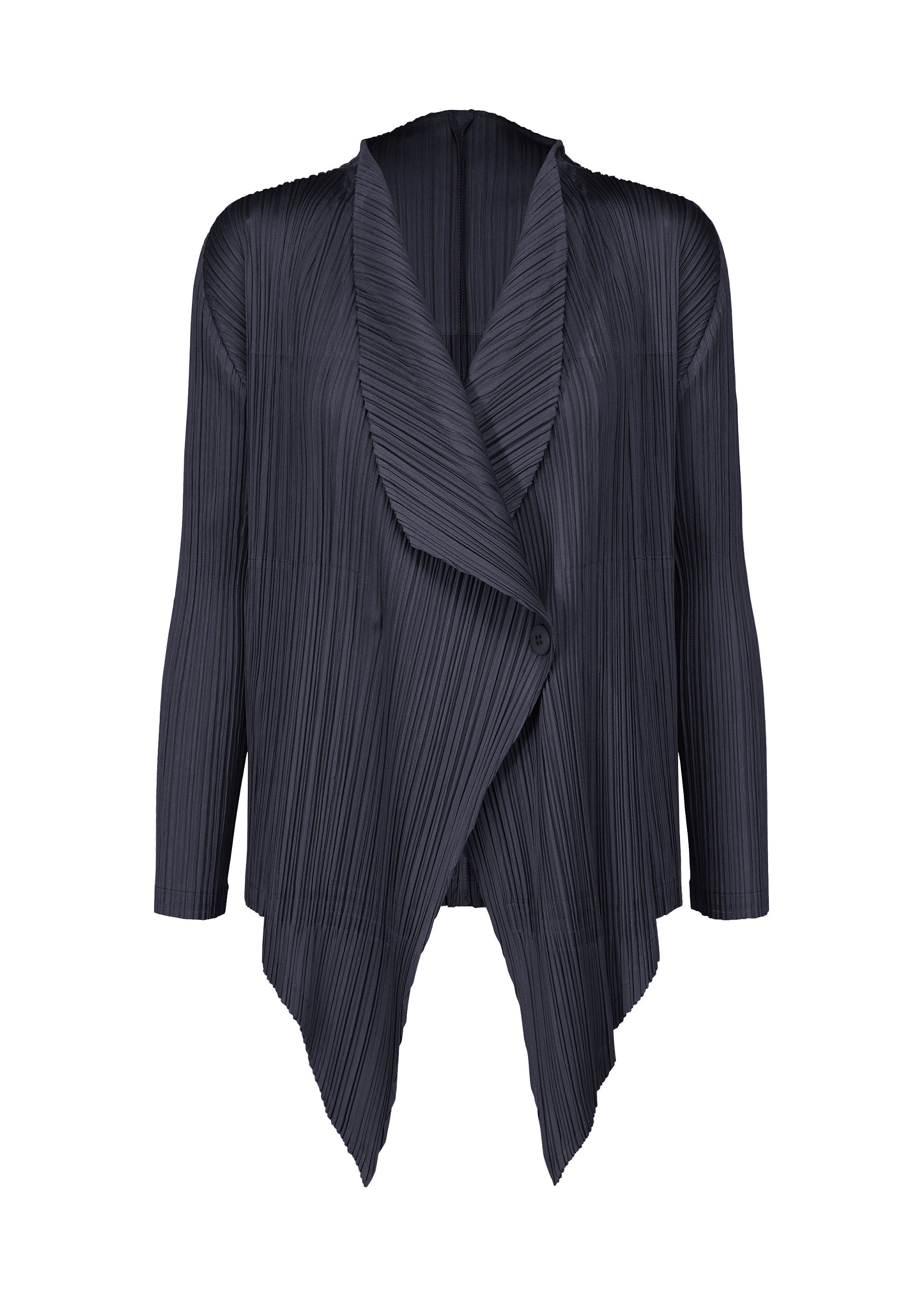 Zoomed view The MONTHLY COLORS : JANUARY cardigan by PLEATS PLEASE ISSEY MIYAKE is a black, long-sleeve, open-front pleated piece with an asymmetrical hem and shawl collar, shown against a white background. - DARK NAVY （no.78）