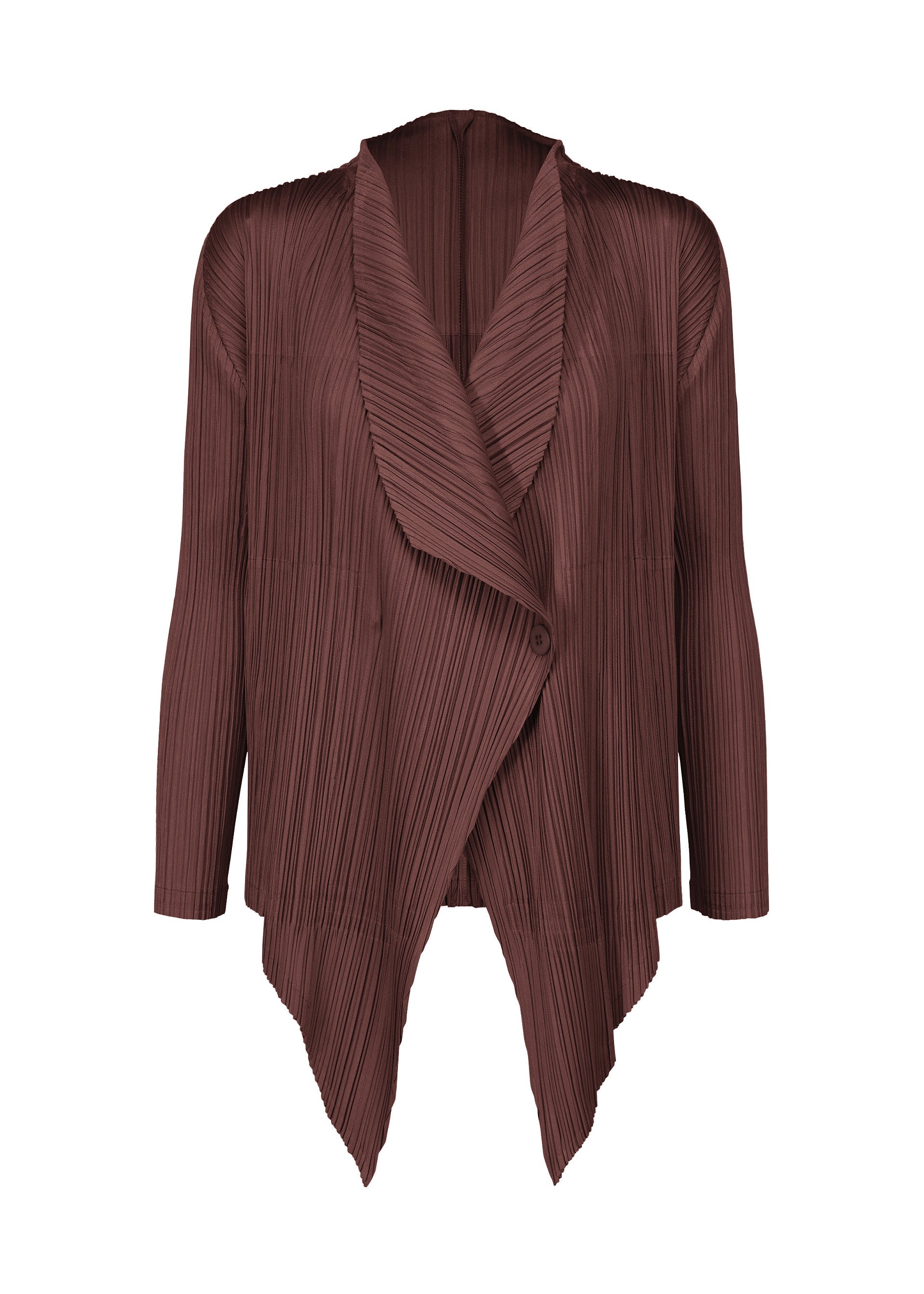 Zoomed view The MONTHLY COLORS : JANUARY cardigan by PLEATS PLEASE ISSEY MIYAKE is brown with long sleeves, an open collar, a draped asymmetrical front, and a textured vertical stripe pattern for added dimension. - BORDEAUX （no.84）