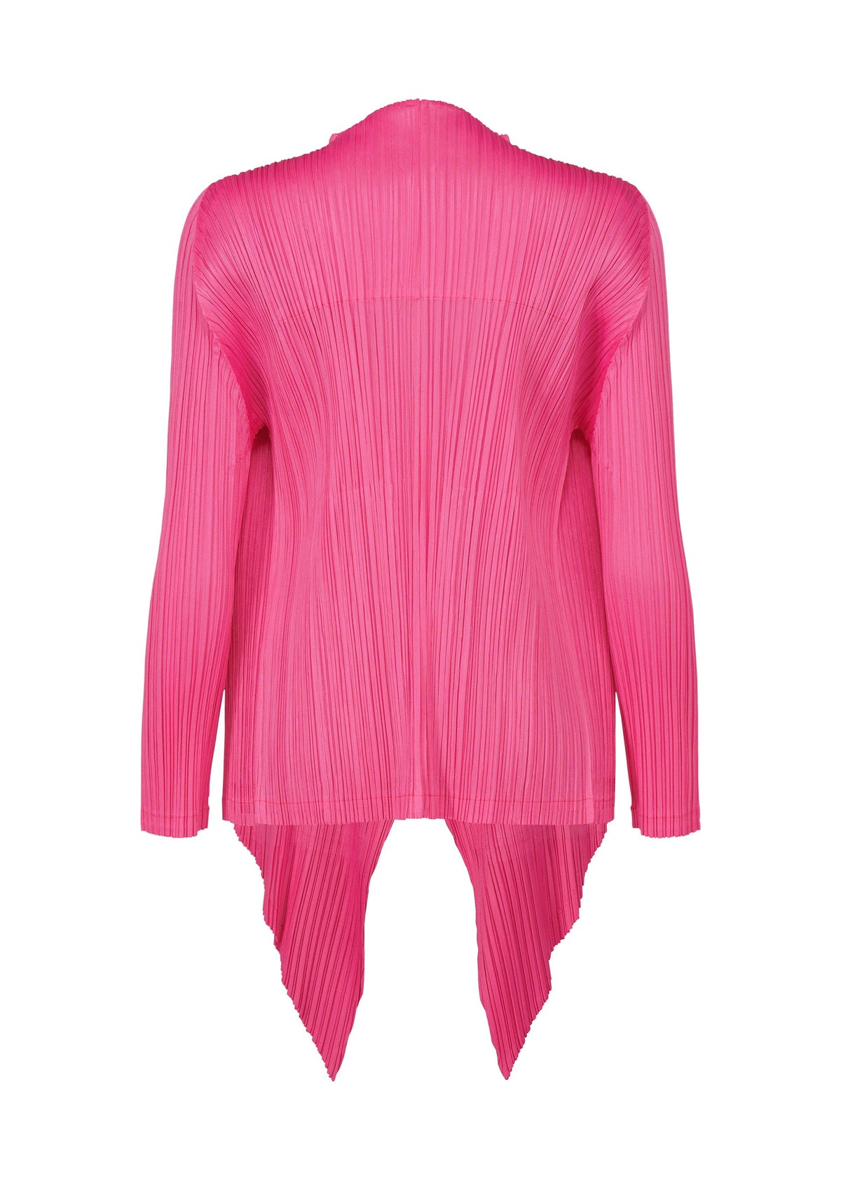 The MONTHLY COLORS : JANUARY cardigan by PLEATS PLEASE ISSEY MIYAKE is a bright pink, long-sleeve, open-front piece with an asymmetrical pointed hem and vertical ribbed texture, shown here from the back. view 6 of 9