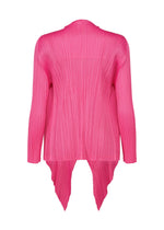 The MONTHLY COLORS : JANUARY cardigan by PLEATS PLEASE ISSEY MIYAKE is a bright pink, long-sleeve, open-front piece with an asymmetrical pointed hem and vertical ribbed texture, shown here from the back.