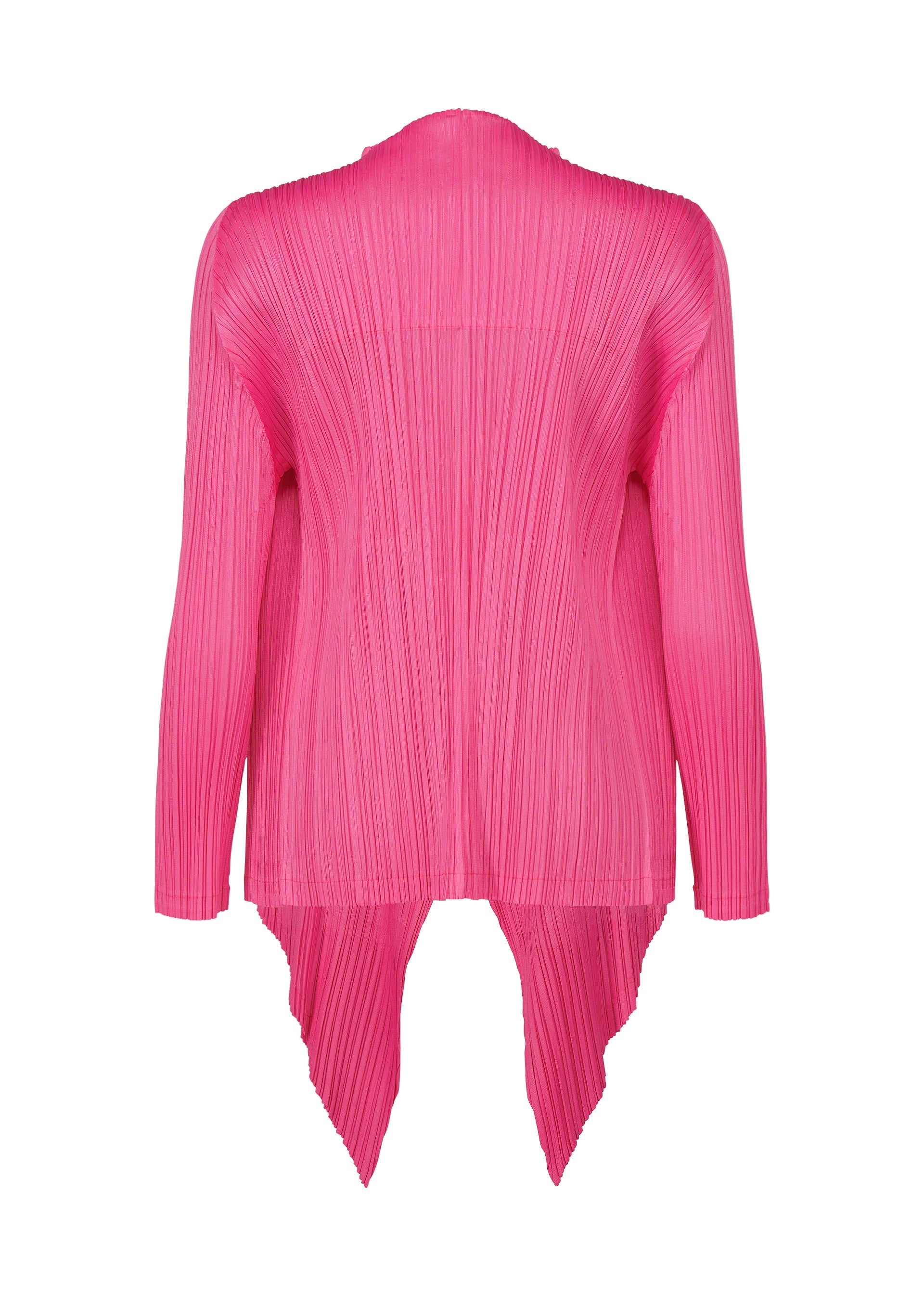 Zoomed view The MONTHLY COLORS : JANUARY cardigan by PLEATS PLEASE ISSEY MIYAKE is a bright pink, long-sleeve, open-front piece with an asymmetrical pointed hem and vertical ribbed texture, shown here from the back.